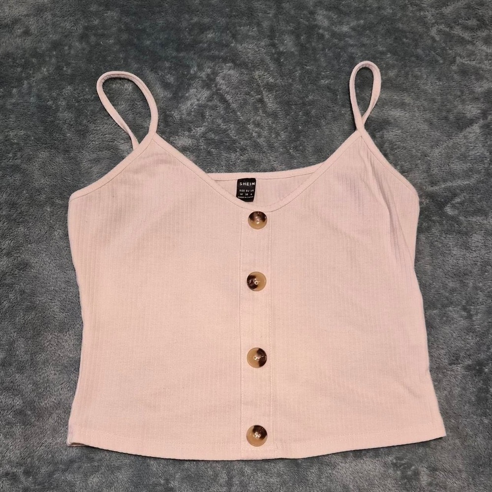 SHEIN Blush Pink Ribbed Button-Front Spaghetti Strap Cami